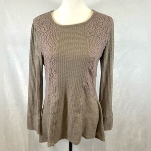 L Love mocha waffle knit and lace long sleeve top size small